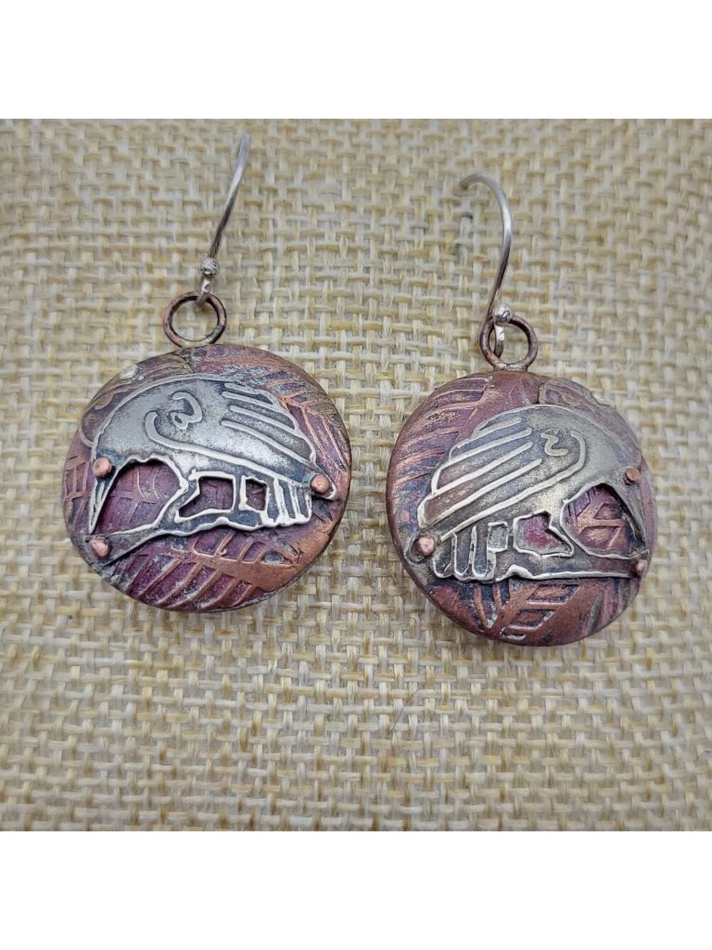 incredible Artisan Raven crow mixed metals earrings Sterling silver Ornate bird